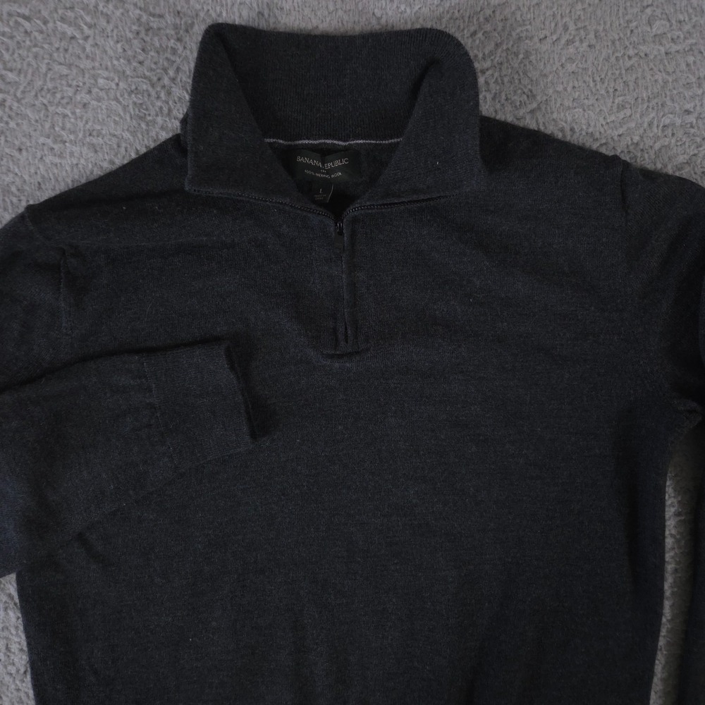 Banana Republic Sweater‎ Mens Large Gray Merino Wool 1/2 Zip Mock Neck Preppy